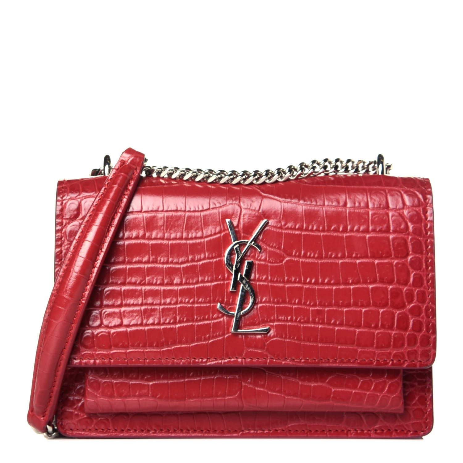 Saint Laurent Calfskin Crocodile Embossed Monogram Sunset Chain Wallet New Lipstick Red 1 of 8