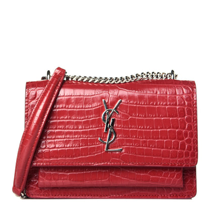 Saint Laurent Calfskin Crocodile Embossed Monogram Sunset Chain Wallet New Lipstick Red 1 of 8