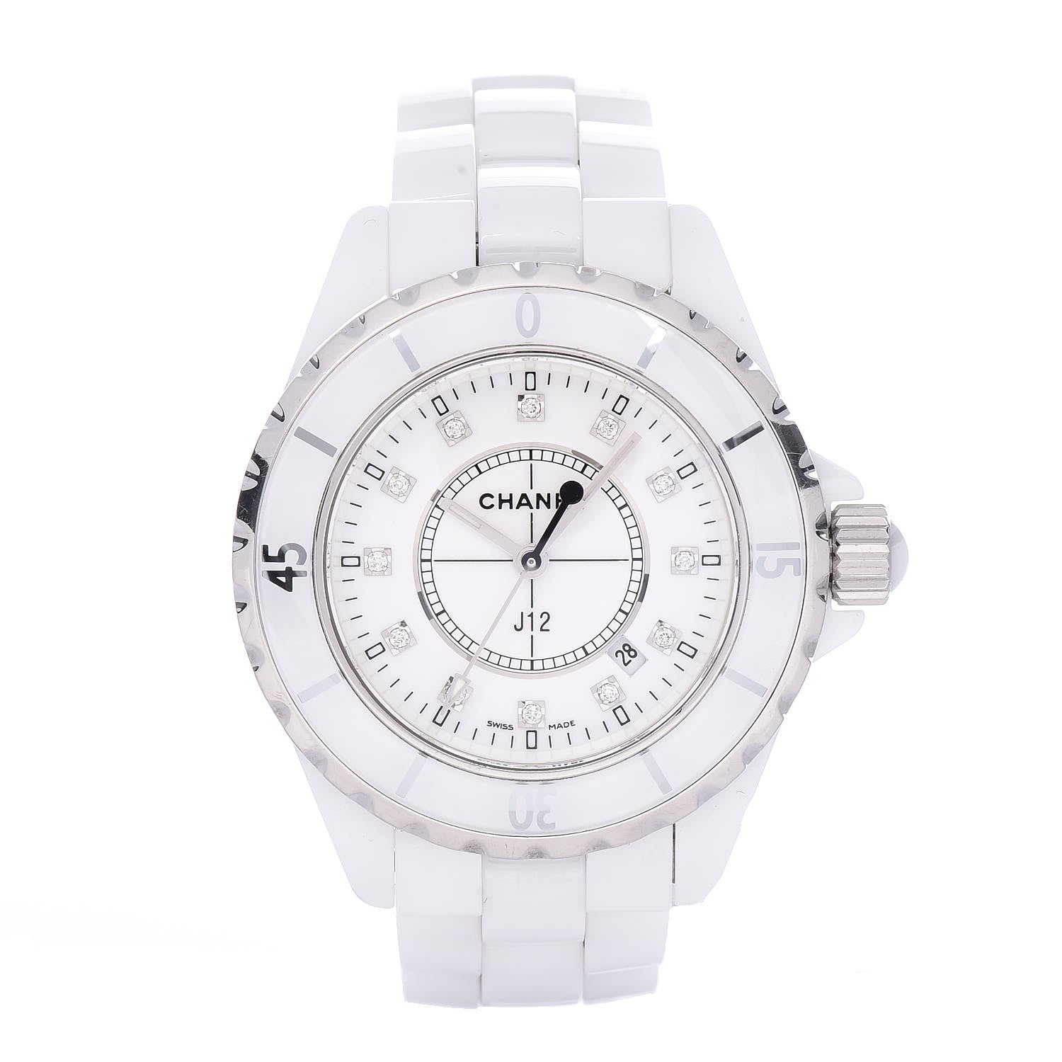 Chanel Stainless Steel Ceramic Diamond 33mm J12 Quartz Watch White 1 of 8