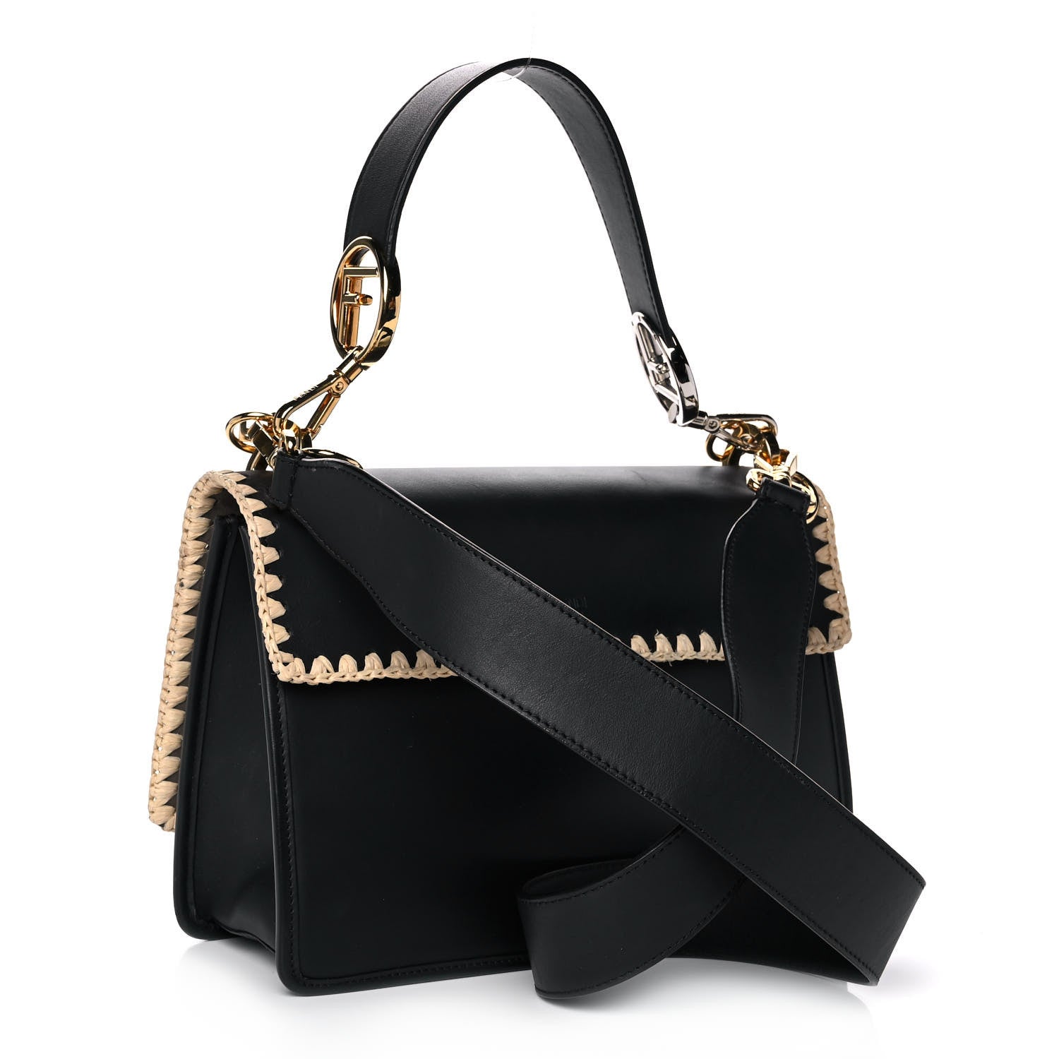 Fendi Vitello Century Raffia Snakeskin F is Fendi FF Woven Embroidered Kan I Shoulder Bag Black Natural 3 of 15