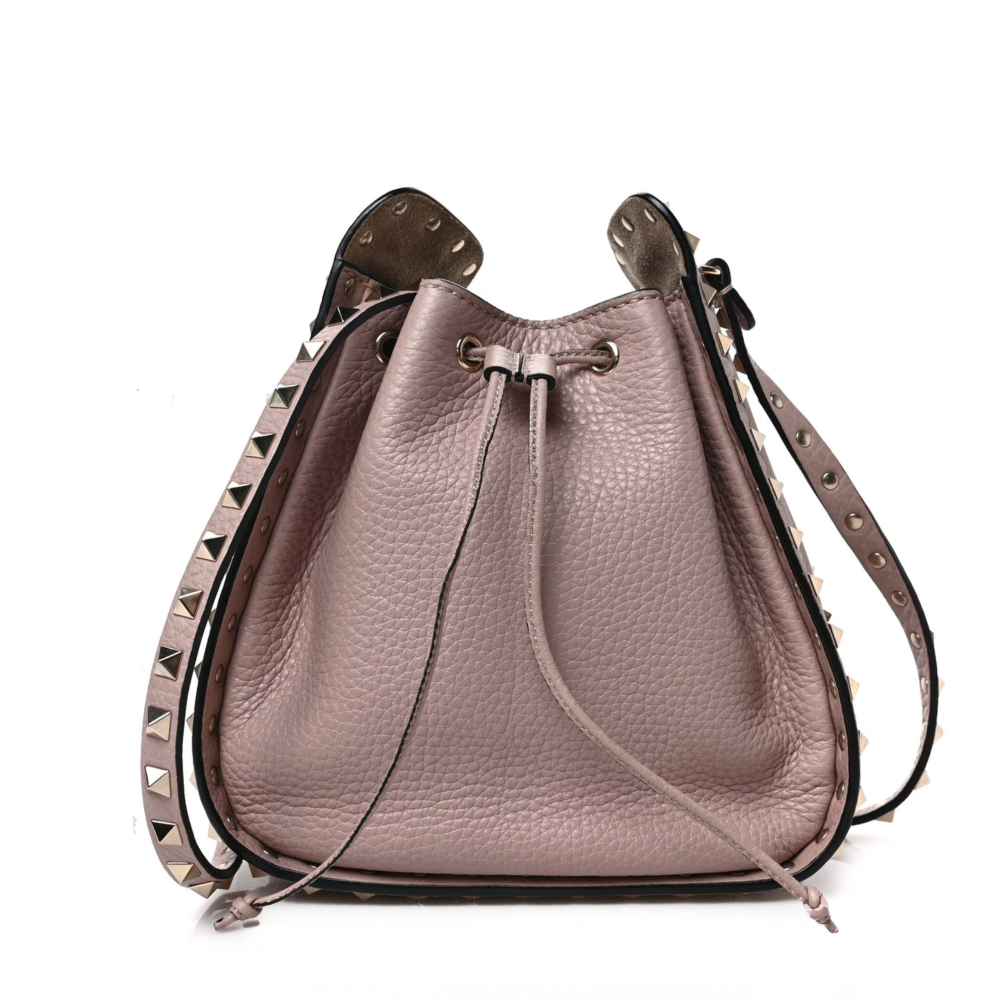 Grained Calfskin Rockstud Bucket Bag Poudre