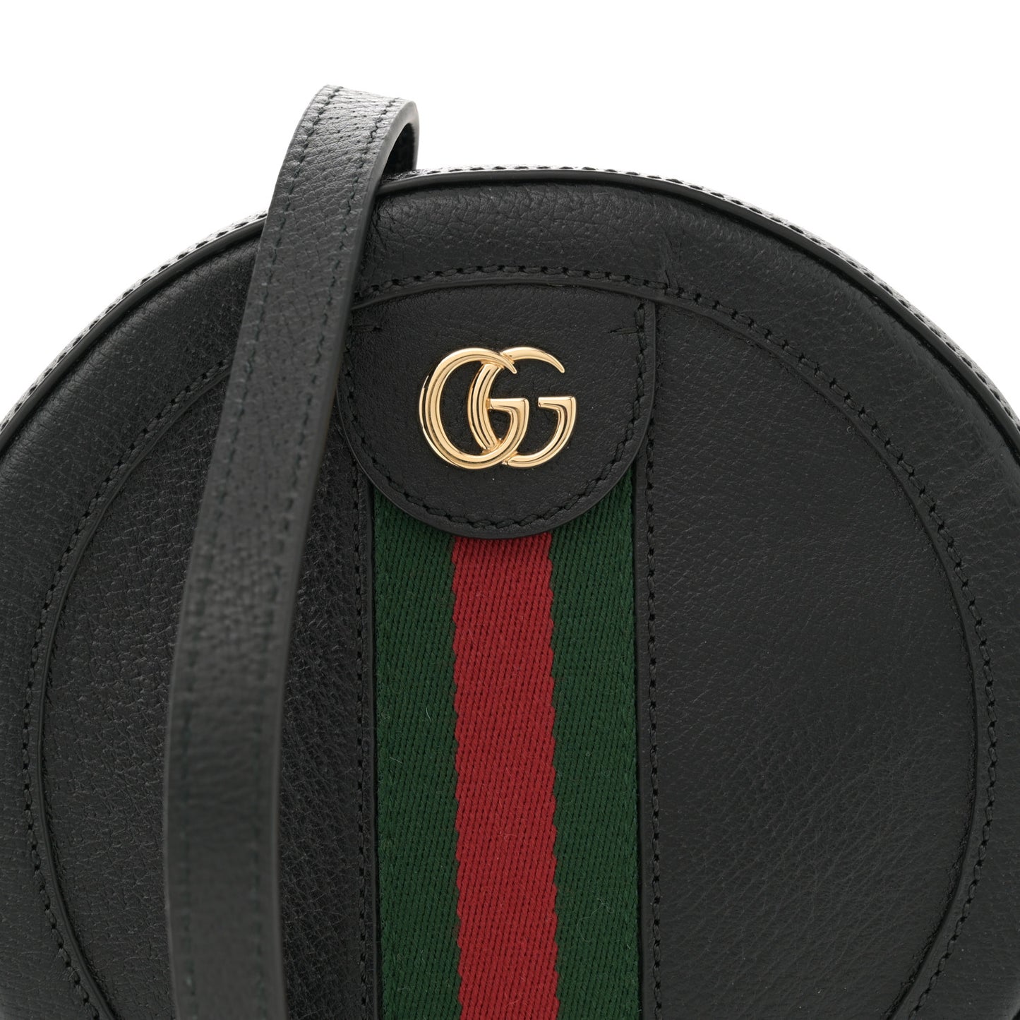 Grained Calfskin Web Mini Ophidia Round Shoulder Bag Black