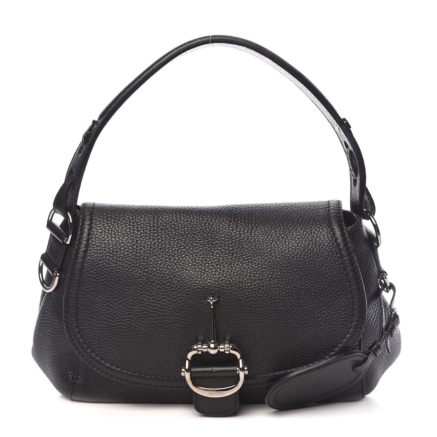 Gucci Pebbled Calfskin Medium Techno Horsebit Shoulder Flap Bag Black 1 of 12
