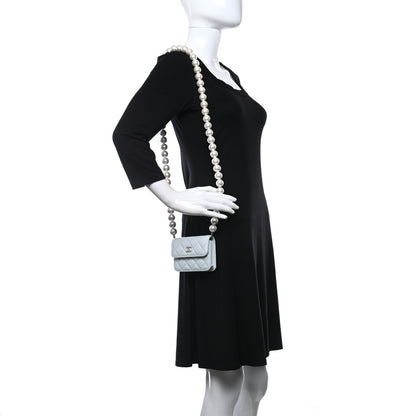 Chanel Calfskin Quilted Maxi Pearls Card Holder Flap With Chain Light Blue 2 of 10