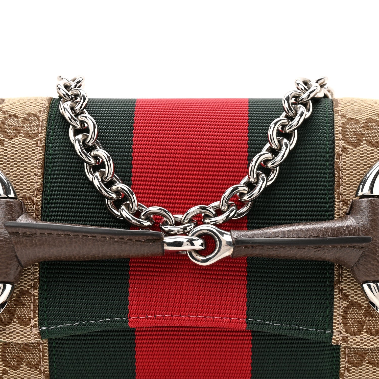 Gucci Monogram Textured Dollar Calfskin Heavy Grosgrain Web Small Maxi Horsebit Chain Shoulder Bag Beige Ebony New Acero 8 of 10