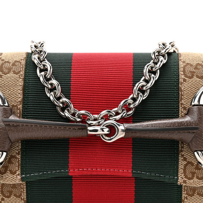 Gucci Monogram Textured Dollar Calfskin Heavy Grosgrain Web Small Maxi Horsebit Chain Shoulder Bag Beige Ebony New Acero 8 of 10