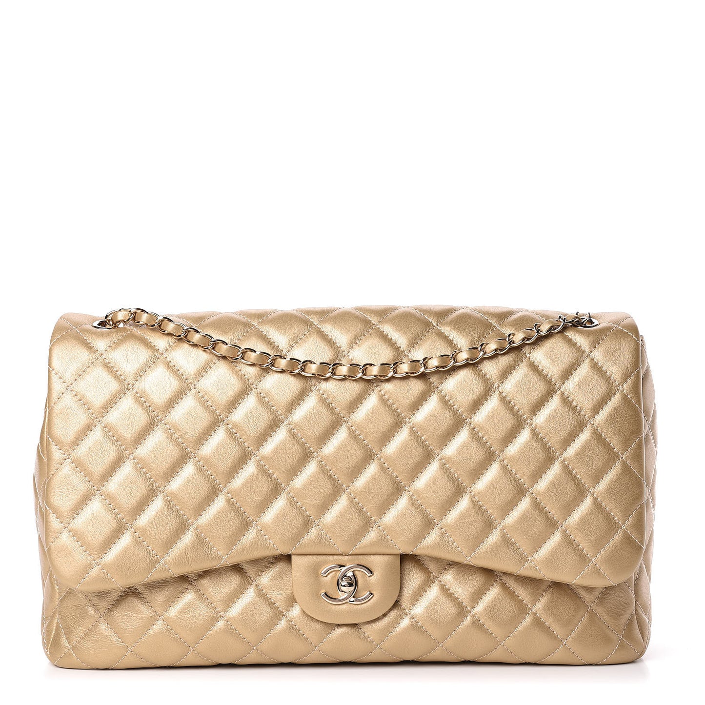 Metallic Calfskin Quilted Small XXL Travel Flap Bag Gold