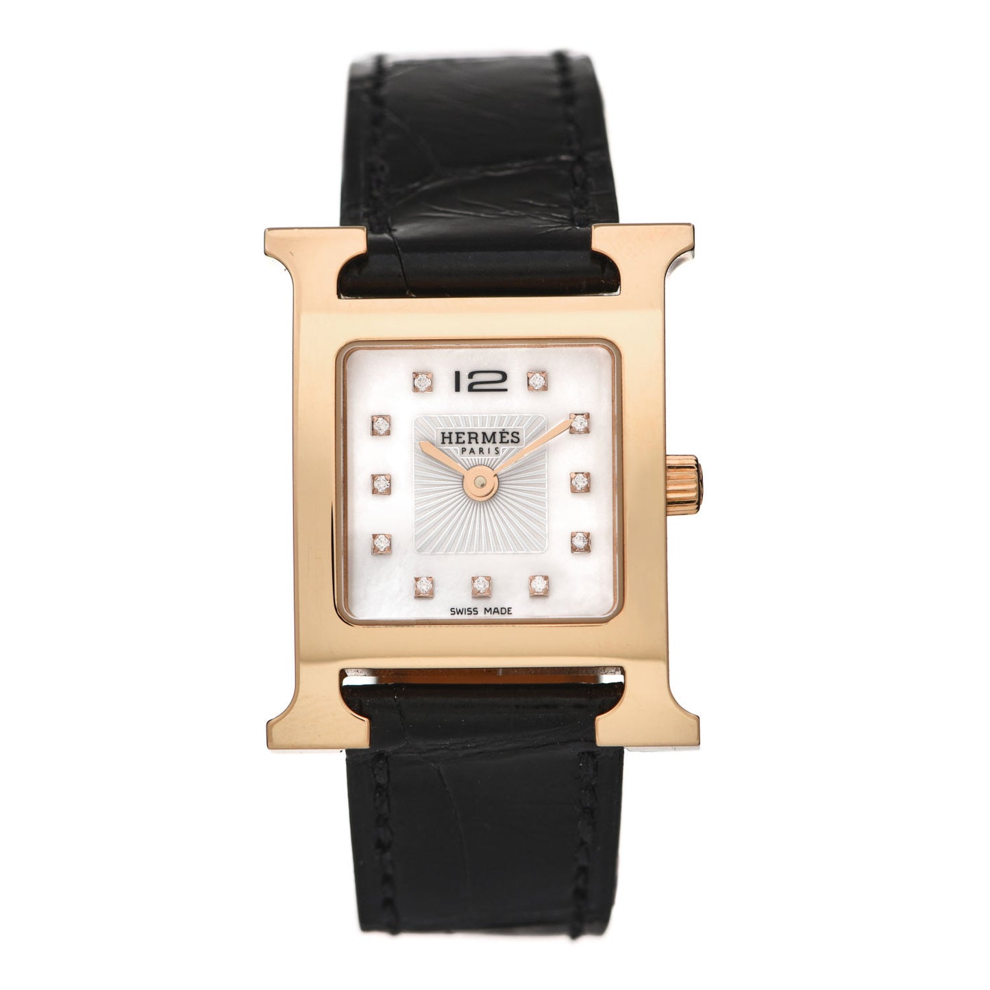 Stainless Steel Alligator Diamond Mother of Pearl 21mm Heure H Hour Quartz Watch Noir