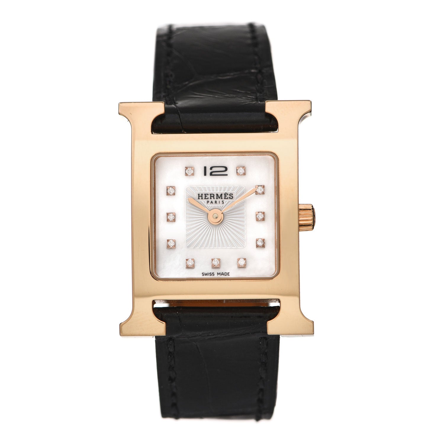 Hermes Stainless Steel Alligator Diamond Mother of Pearl 21mm Heure H Hour Quartz Watch Noir 1 of 5