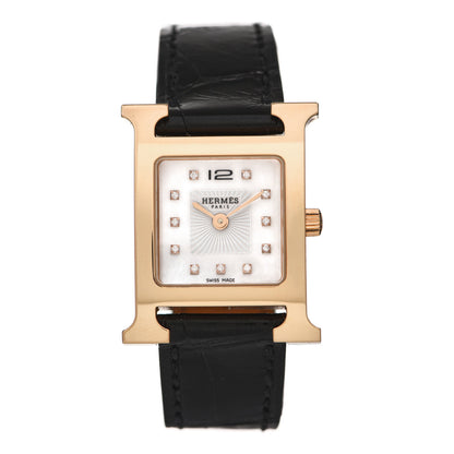 Hermes Stainless Steel Alligator Diamond Mother of Pearl 21mm Heure H Hour Quartz Watch Noir 1 of 5