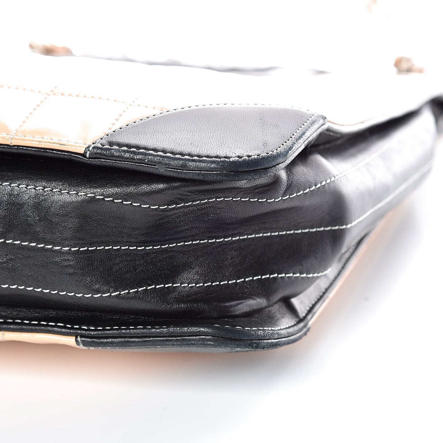 Patent Chocolate Bar Quilted Tote Beige Black