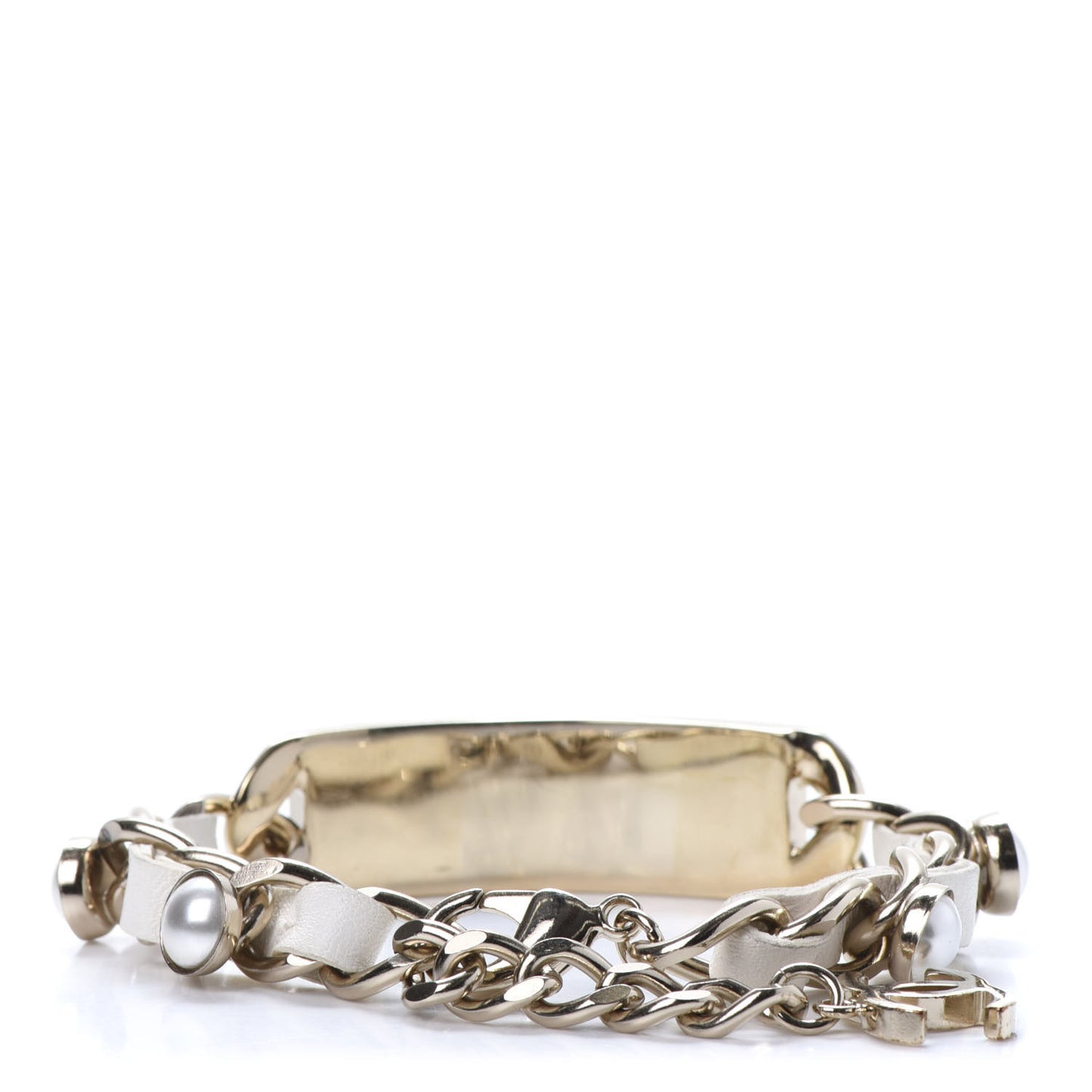 Metal Lambskin Pearl Name Plate Bracelet White Gold