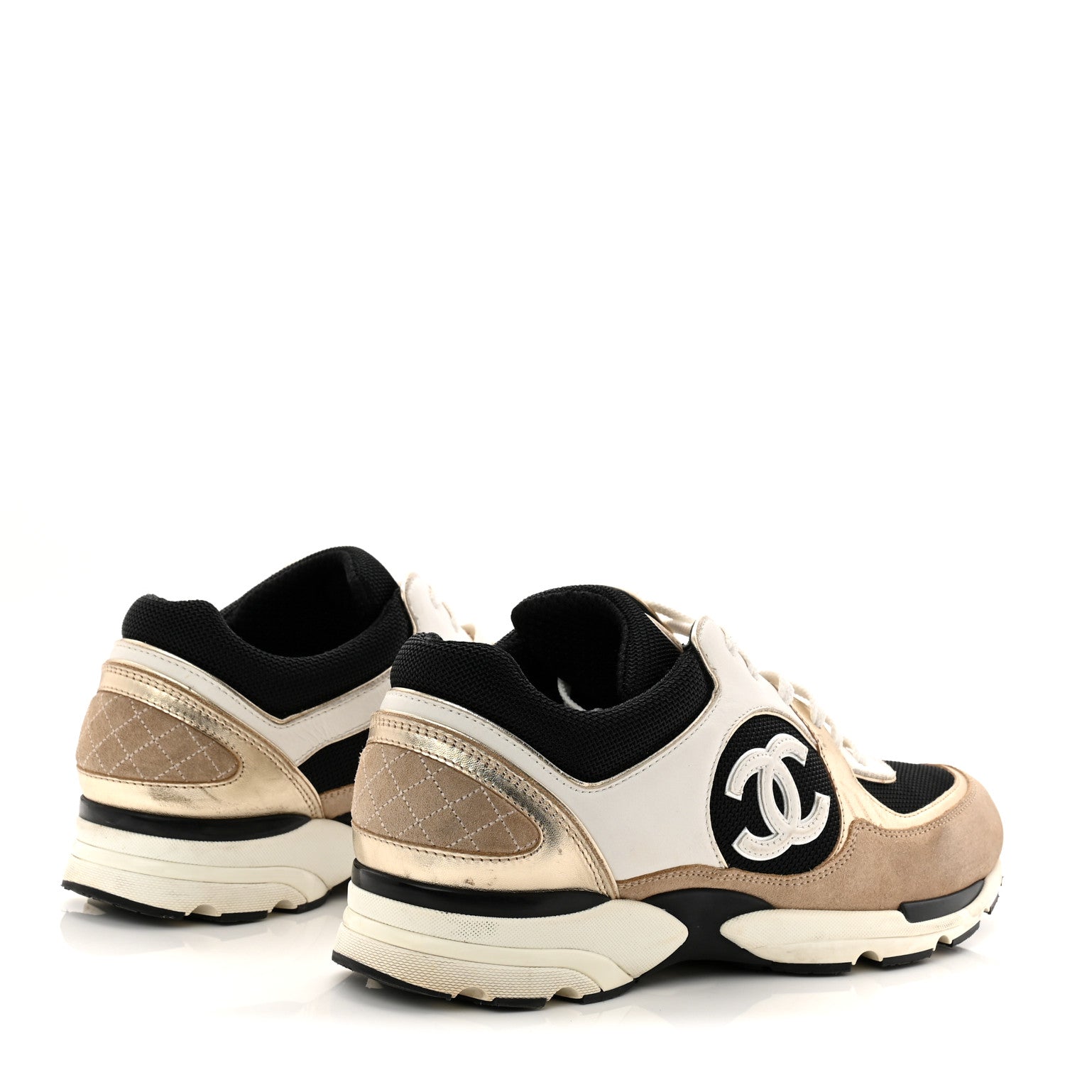 Chanel Mesh Suede Calfskin Grained Calfskin Womens CC Sneakers 41 White Black Beige Gold 5 of 11