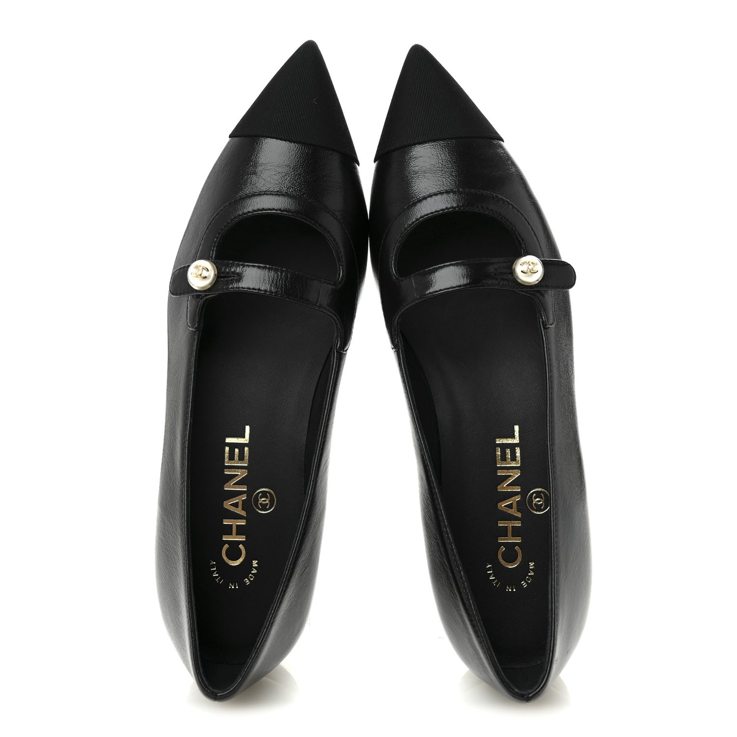 Shiny Lambskin Grosgrain Pearl Mary Jane Flats 36 Black