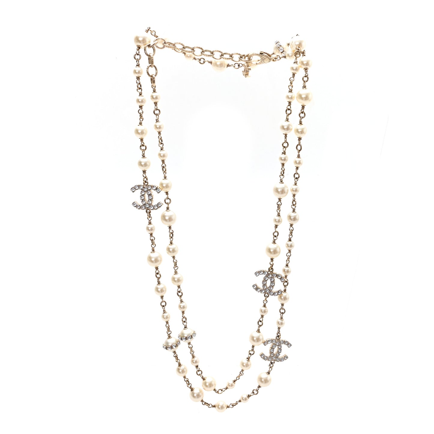 Crystal Pearl CC Long Necklace Gold