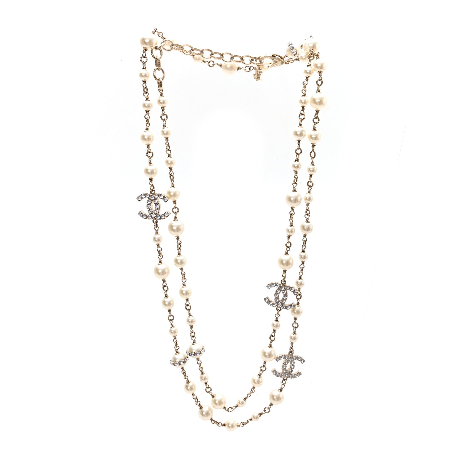 Chanel Crystal Pearl CC Long Necklace Gold 3 of 5
