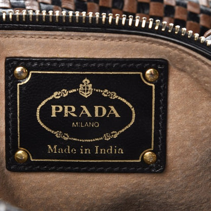 Prada Goatskin Woven Top Handle Satchel Black Tan 6 of 20