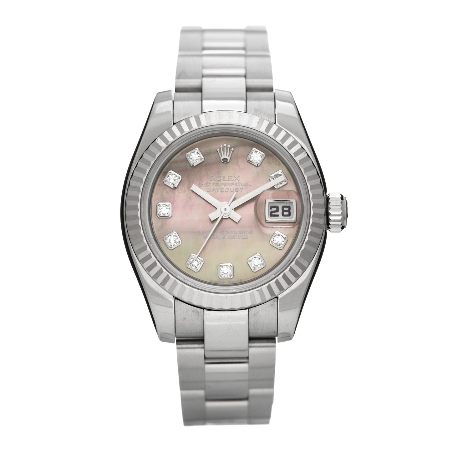 Stainless Steel 18K White Gold Diamond Black Mother of Pearl 26mm Datejust Watch Silver 179174
