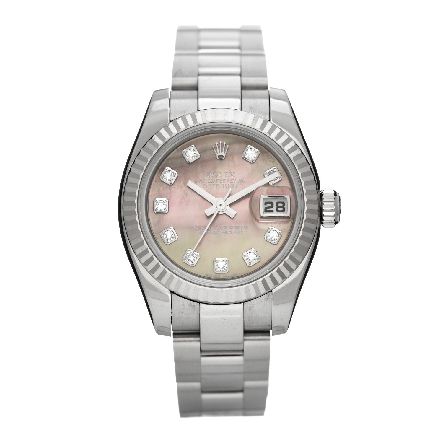 Rolex Stainless Steel 18K White Gold Diamond Black Mother of Pearl 26mm Datejust Watch Silver 179174 1 of 5