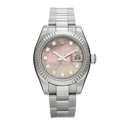 Rolex Stainless Steel 18K White Gold Diamond Black Mother of Pearl 26mm Datejust Watch Silver 179174 1 of 5