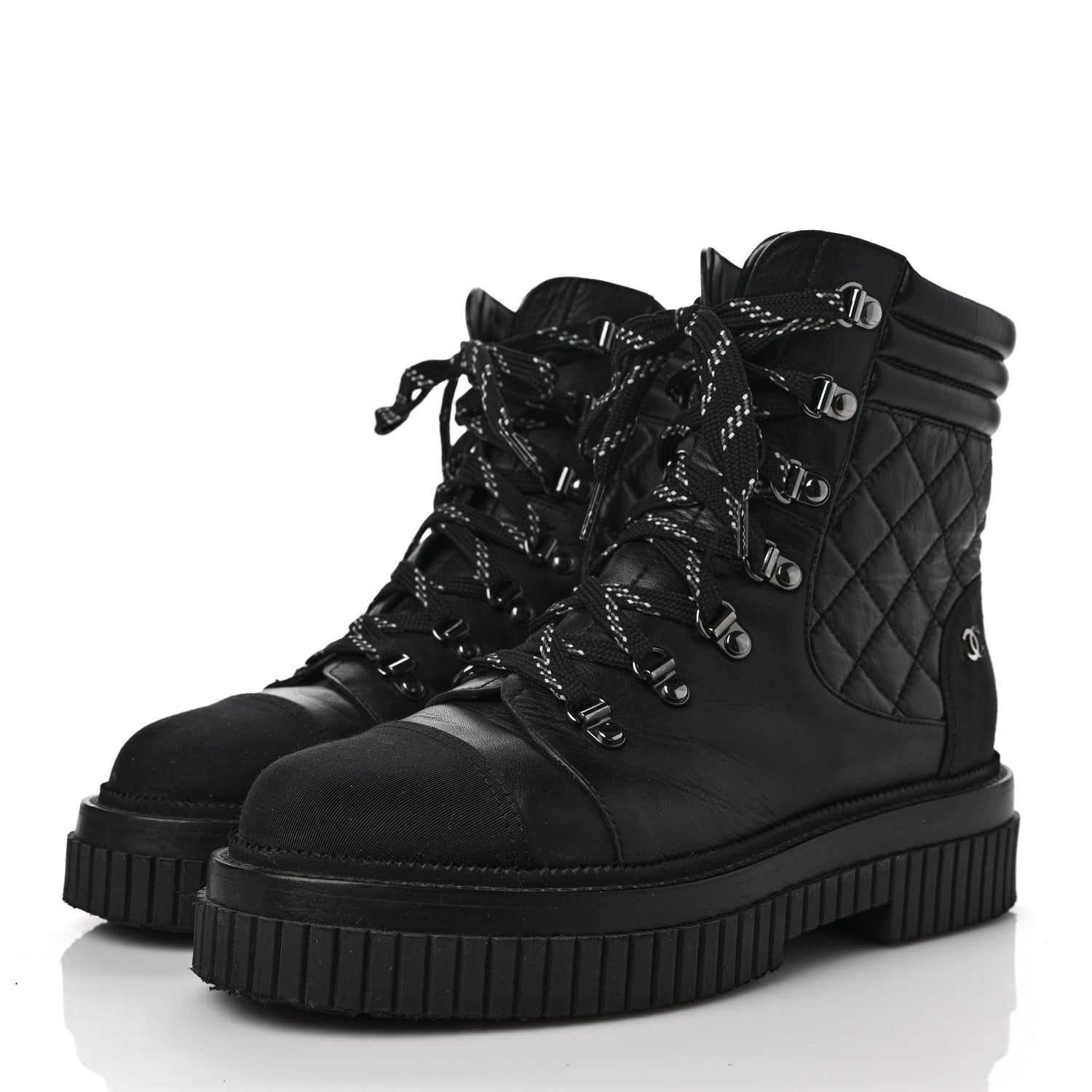Chanel Calfskin Grosgrain Quilted Lace Up Boots 39.5 Black Grey 3 of 10
