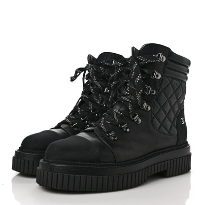 Chanel Calfskin Grosgrain Quilted Lace Up Boots 39.5 Black Grey 3 of 10