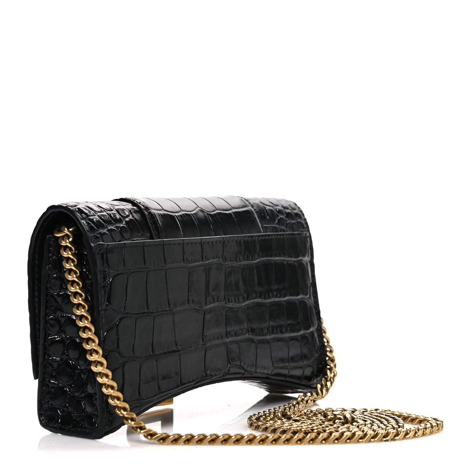 Balenciaga Shiny Calfskin Crocodile Embossed Hourglass Chain Bag Black 2 of 10