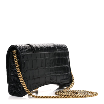 Balenciaga Shiny Calfskin Crocodile Embossed Hourglass Chain Bag Black 2 of 10