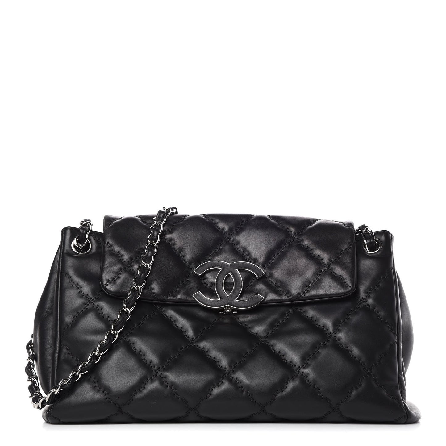 Calfskin Double Stitch Large Hamptons Flap Bag Black