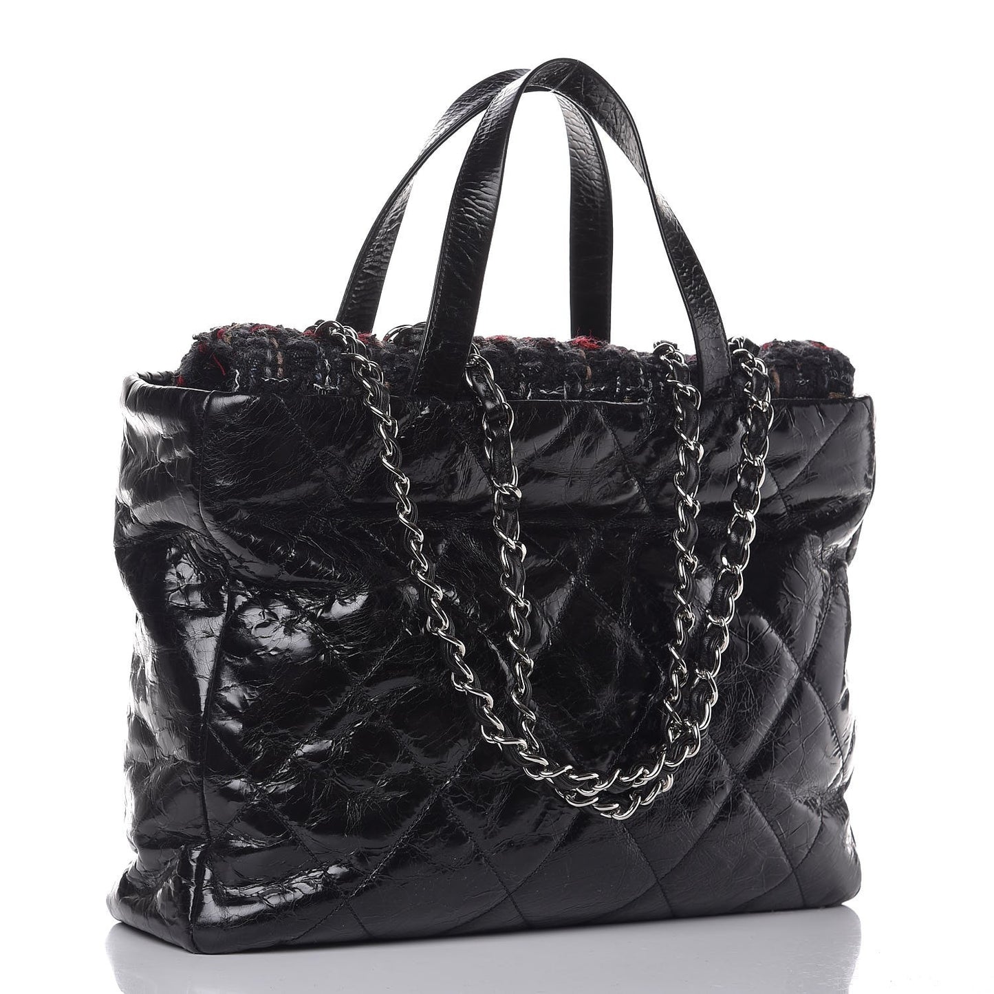 Glazed Calfskin Quilted Tweed Portobello Tote Black Red