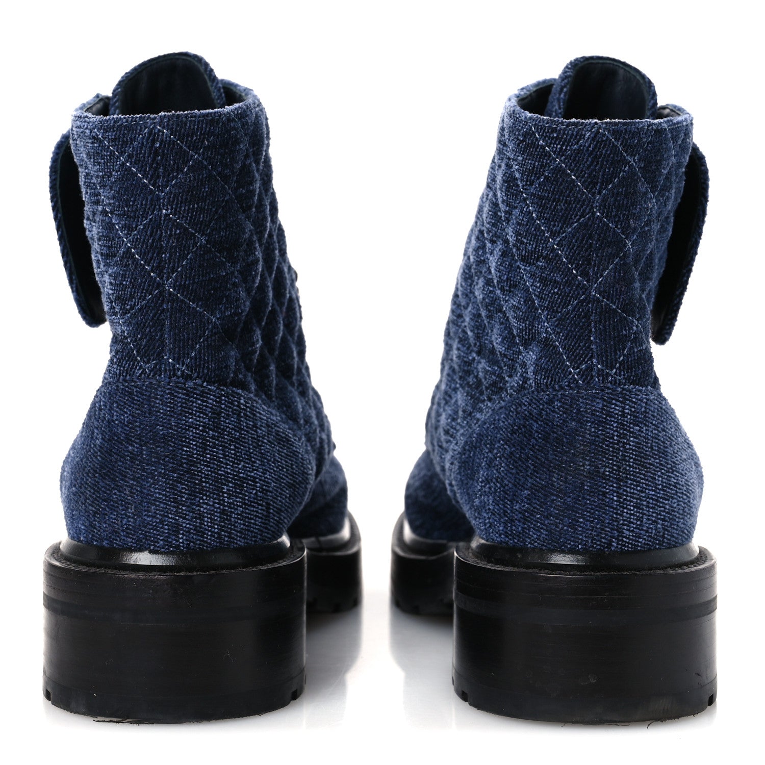 Chanel Shiny Calfskin Velvet Quilted Lace Up Combat Boots 39.5 Blue Black 6 of 12