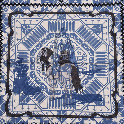 Hermes Cashmere Silk Imprimeur Fou Charabia Shawl 140 Naturel Bleu Sport Poivre 6 of 7