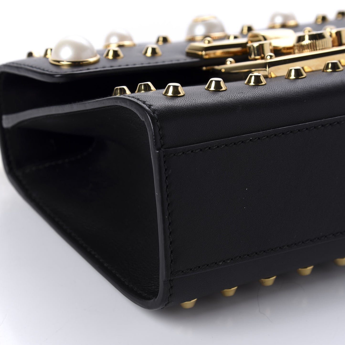 Calfskin Studded Small Padlock Shoulder Bag Black