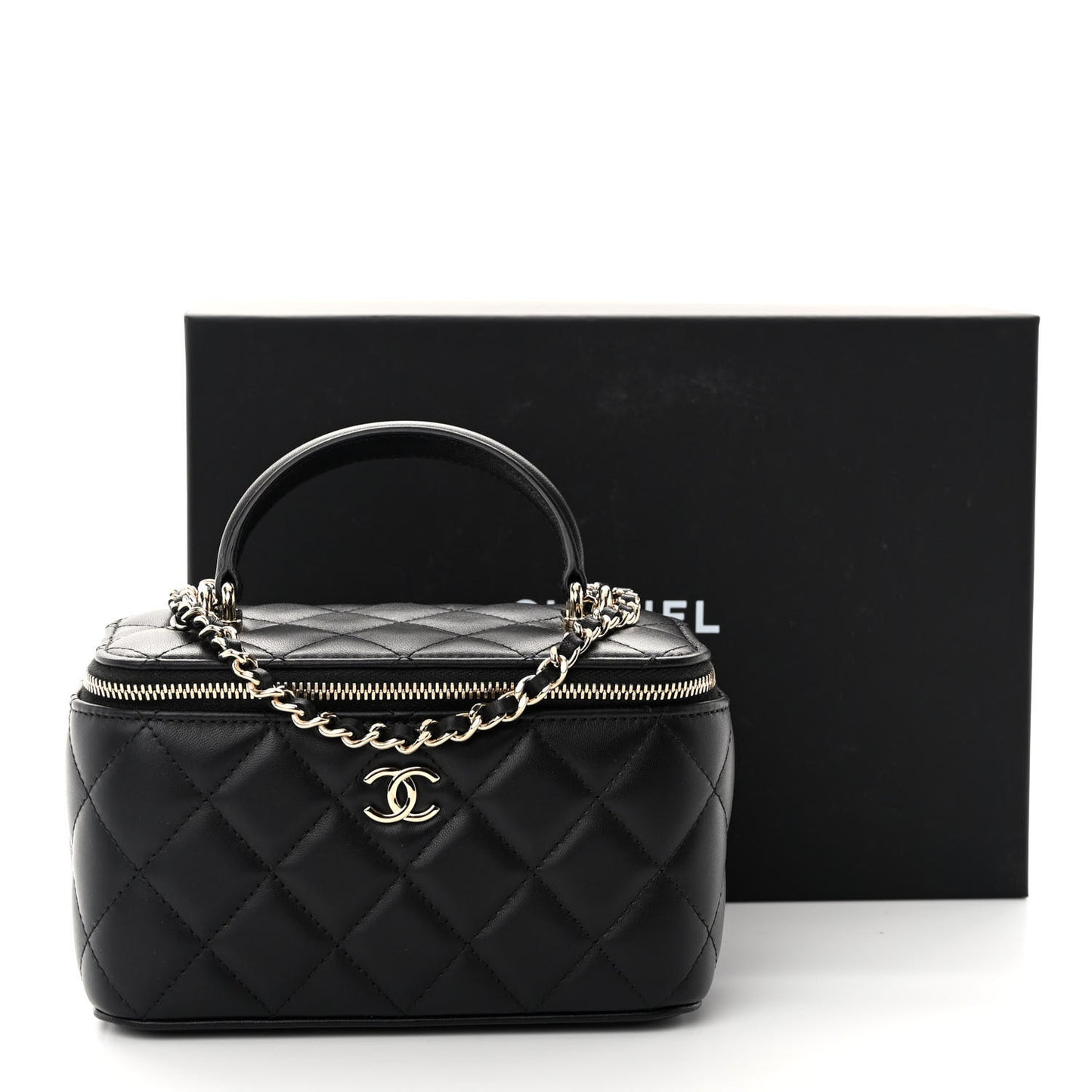 Lambskin Quilted Small Top Handle Vanity Case With Chain Black