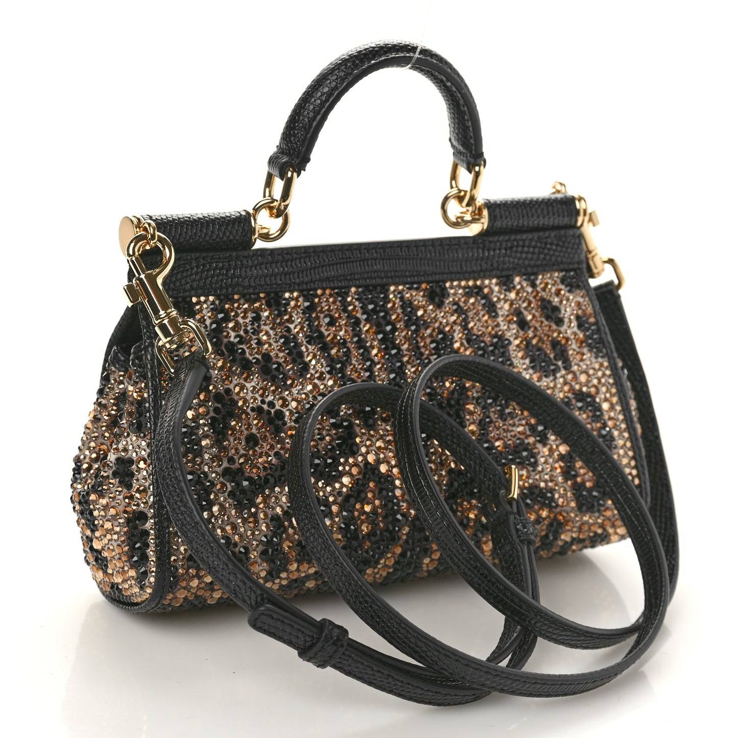 DOLCE GABBANA Satin Crystal Calfskin Iguana Embossed Small Miss Sicily Satchel Leopard