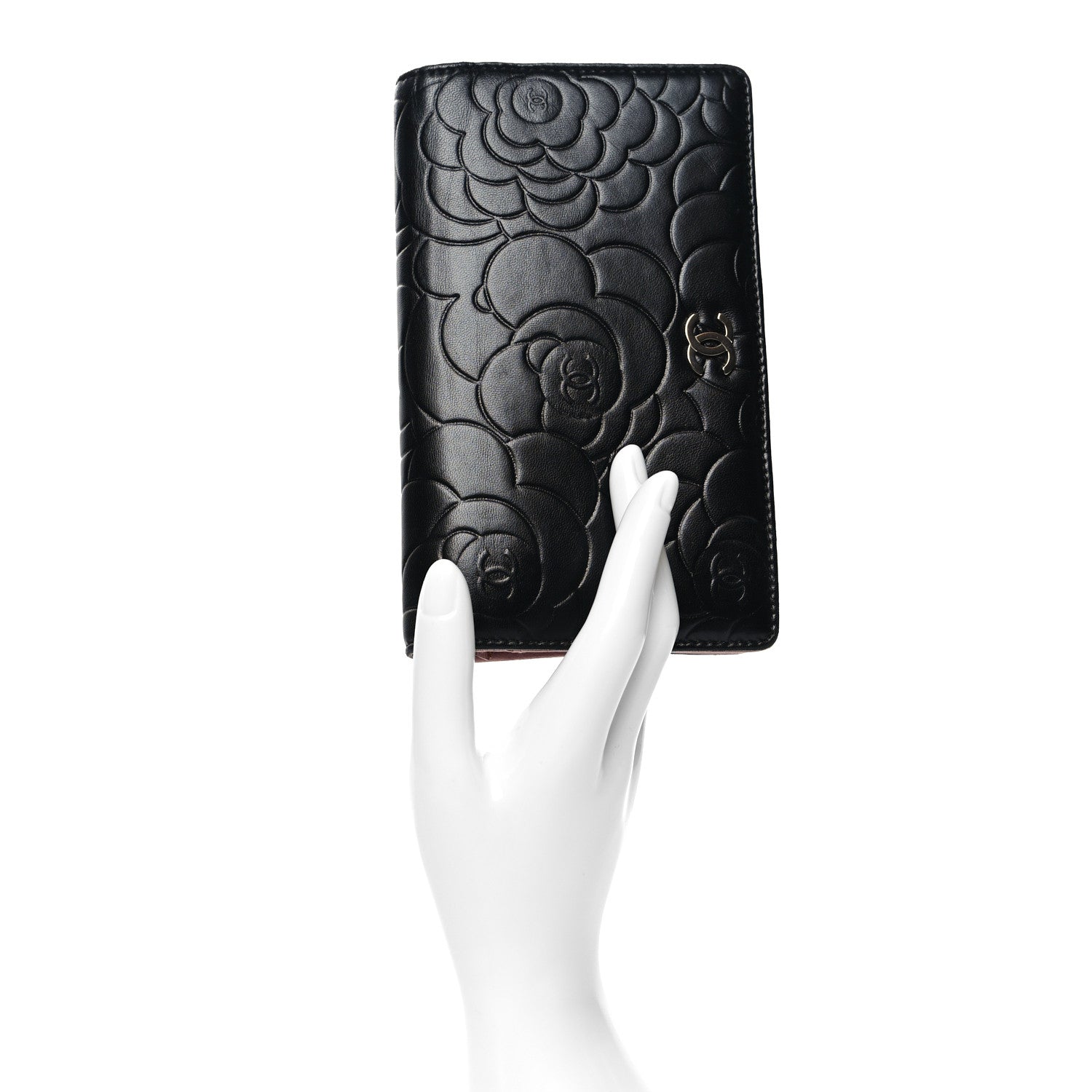 Chanel Lambskin Camellia Embossed Yen Wallet Black 2 of 10