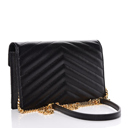 Saint Laurent Grain De Poudre Matelasse Chevron Monogram Envelope Chain Wallet Black 3 of 11