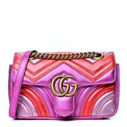 Gucci Metallic Calfskin Matelasse Mini GG Marmont Shoulder Bag Fuchsia 1 of 7
