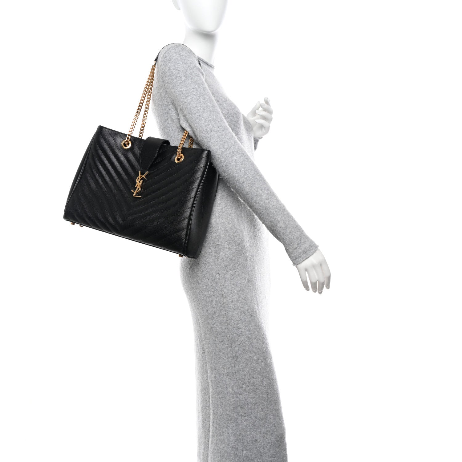 Saint Laurent Grain De Poudre Matelasse Chevron Monogram Shopping Bag Black 3 of 14