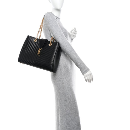 Saint Laurent Grain De Poudre Matelasse Chevron Monogram Shopping Bag Black 3 of 14