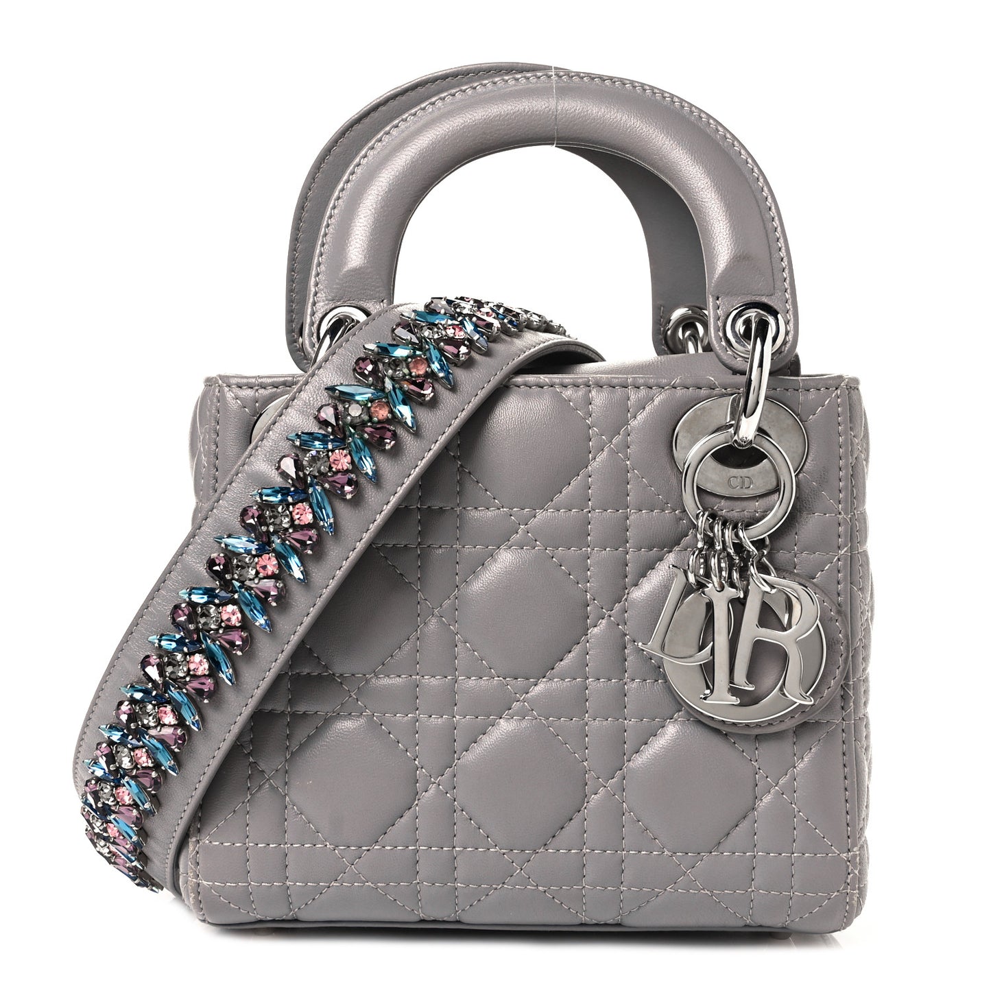 Lambskin Cannage Mini Lady Dior Crystal Strap Grey
