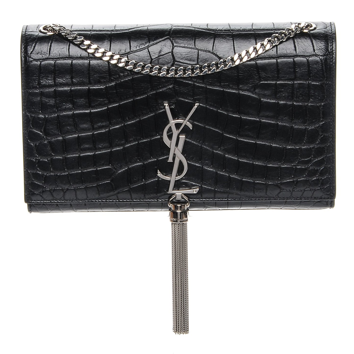 Calfskin Crocodile Embossed Medium Classic Monogram Kate Tassel Satchel Black