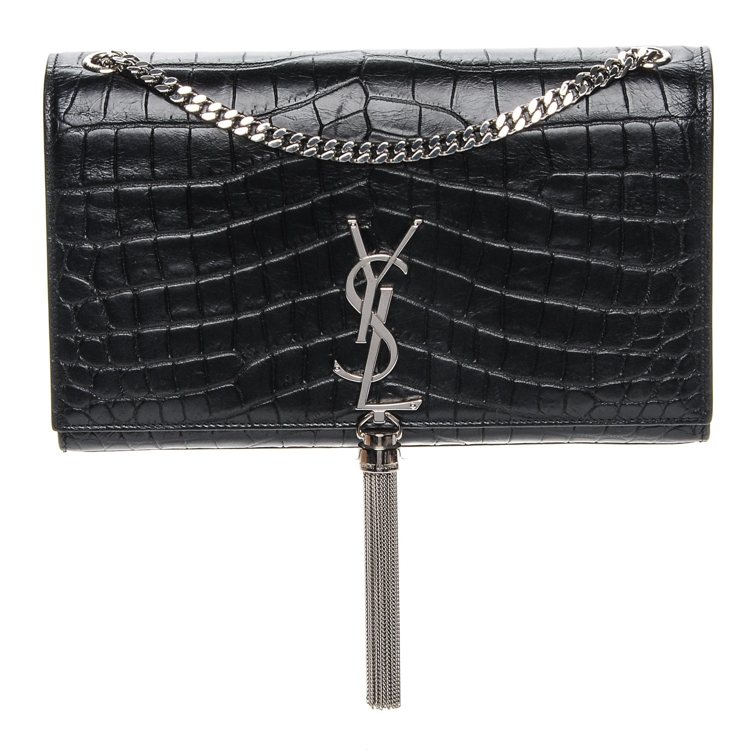 Saint Laurent Calfskin Crocodile Embossed Medium Classic Monogram Kate Tassel Satchel Black 1 of 6