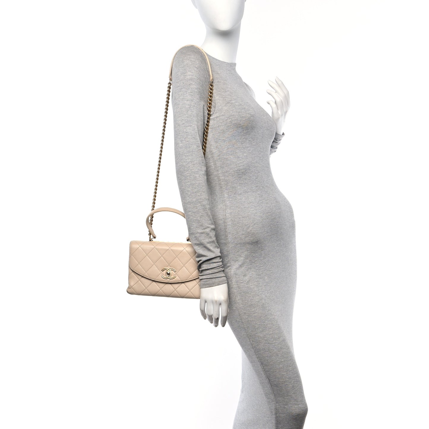 Lambskin Quilted Trendy Spirit Top Handle Bag Beige