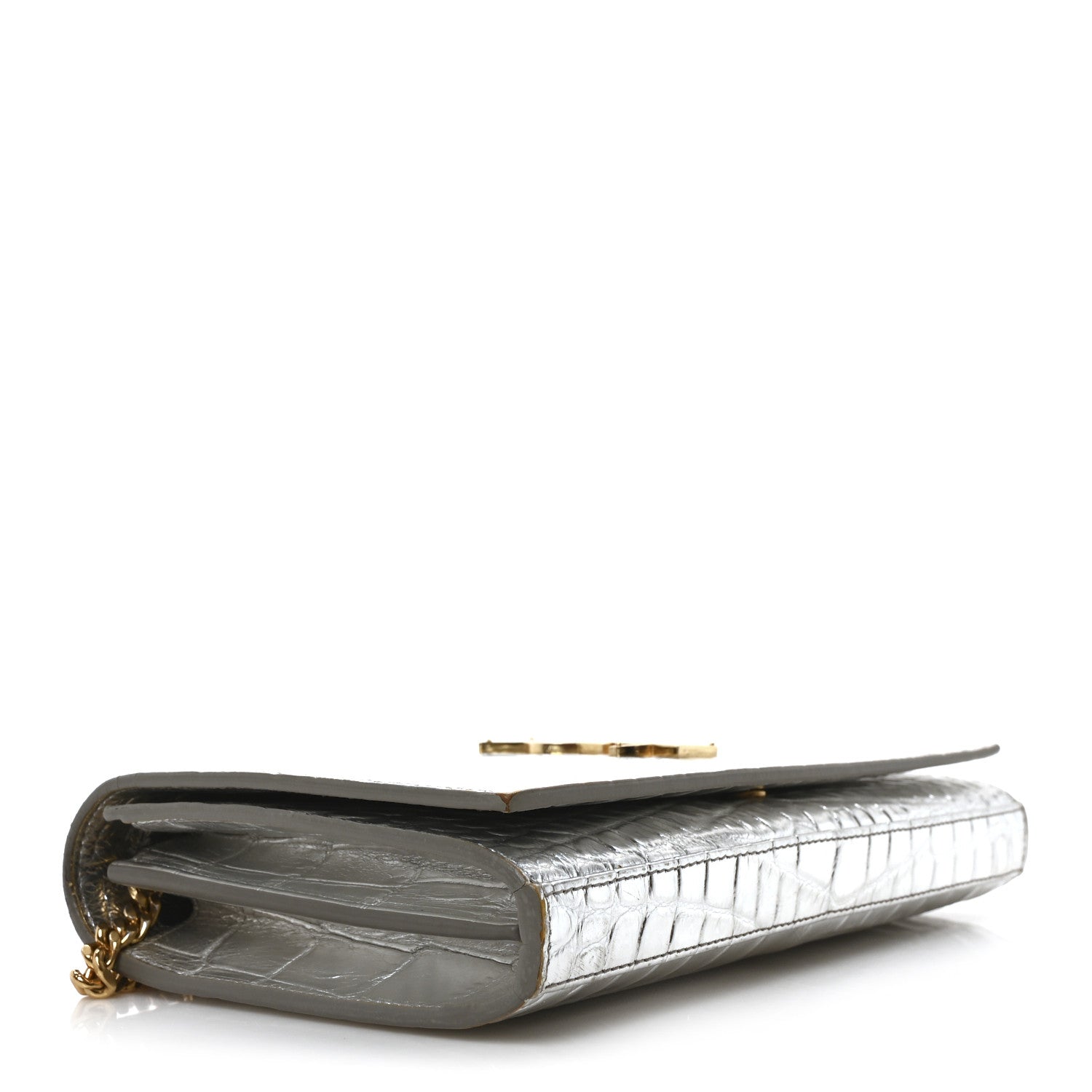 Saint Laurent Calfskin Crocodile Embossed Monogram Chain Wallet Argento 4 of 10