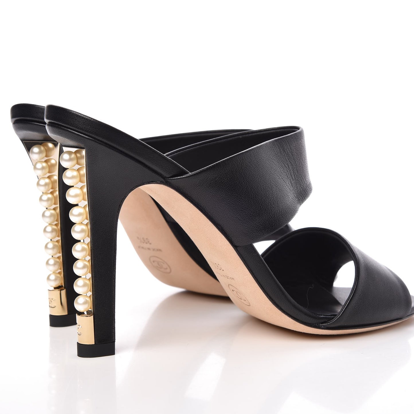 Lambskin Open Toe Pearl Sandal Heels 39.5 Black