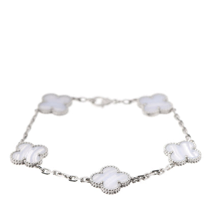 Van Cleef & Arpels 18K White Gold Chalcedony 5 Motifs Vintage Alhambra Bracelet 1 of 6