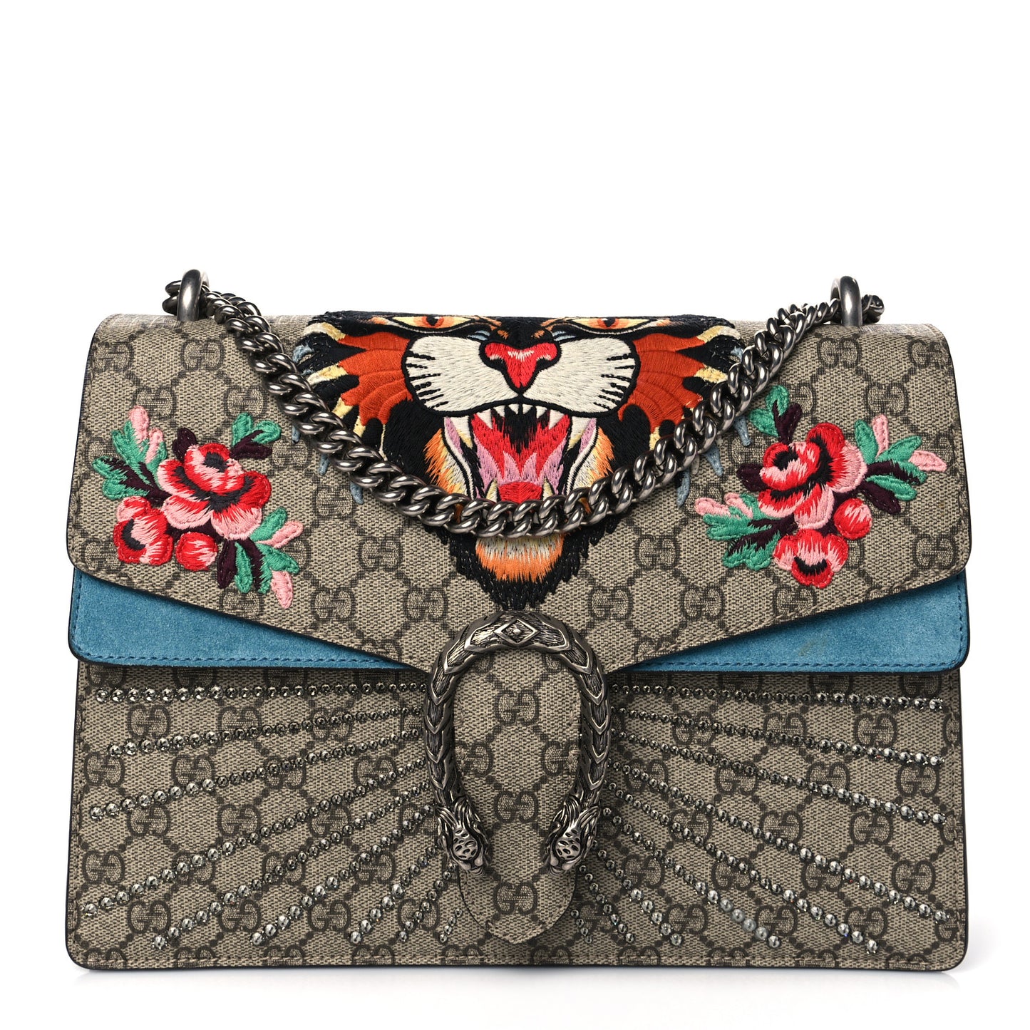 GG Supreme Monogram Angry Cat Embroidered Medium Dionysus Shoulder Bag Beige Ultramarine