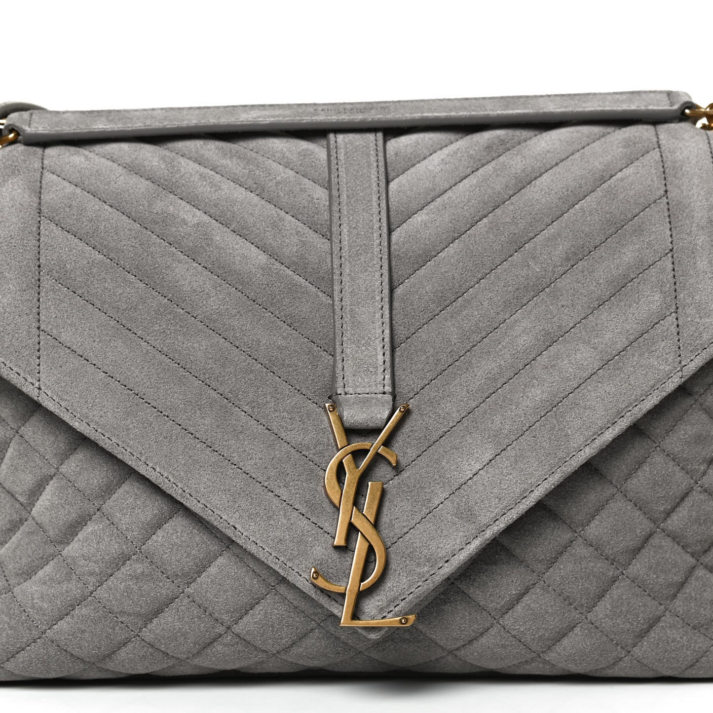 Suede Mixed Matelasse Tri-Quilt Large Monogram Envelope Satchel Grey