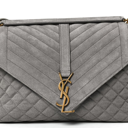Saint Laurent Suede Mixed Matelasse Tri-Quilt Large Monogram Envelope Satchel Grey 10 of 13